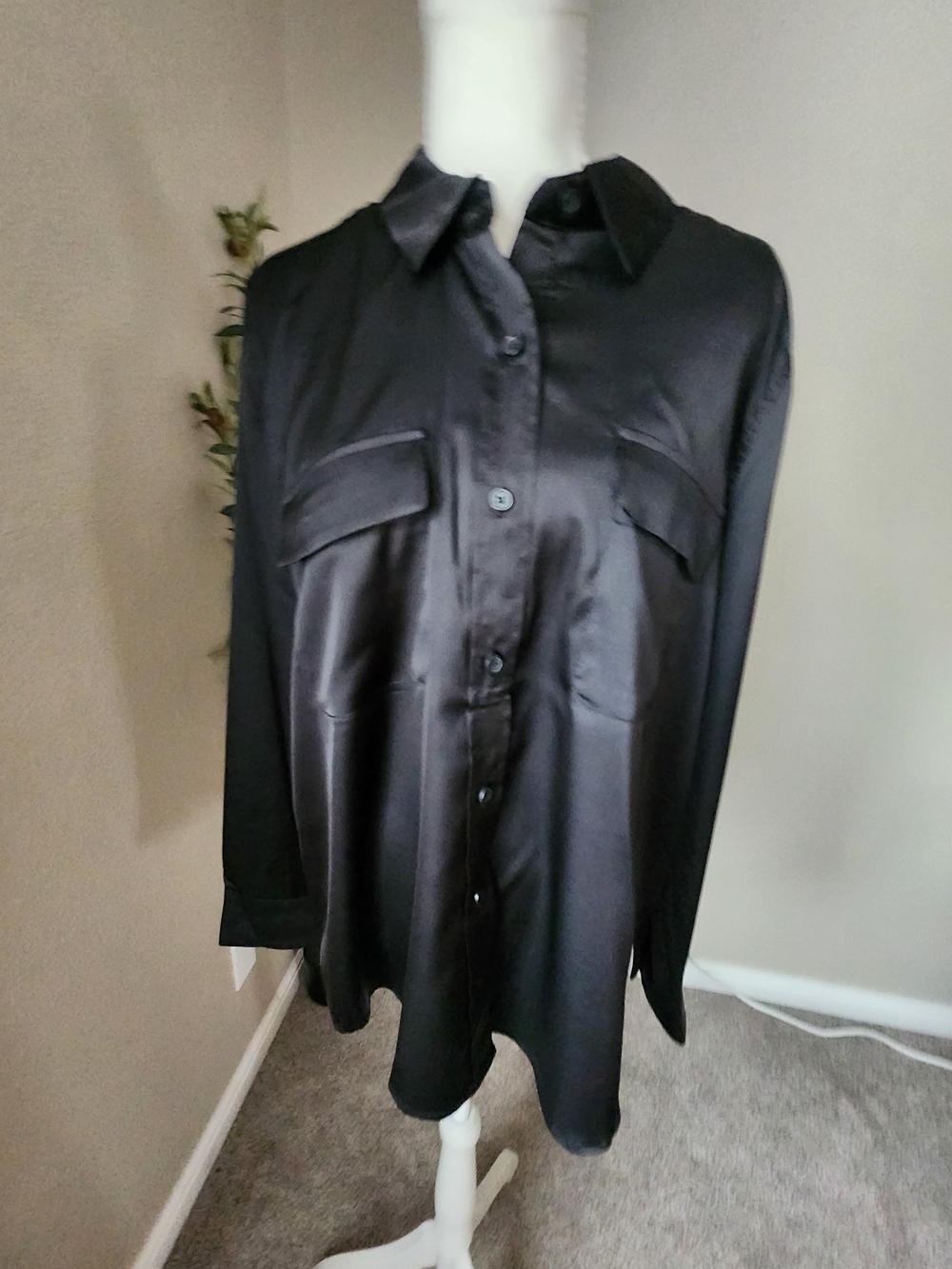 Equipment Black Satin Blouse with Point Collar